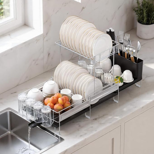 Delamu 2 Tier Dish Drying Rack, Large Dish Racks for Kitchen Counter, Stainless Steel Multifunctional Dish Drainer with Cutlery & Cup Holders, Extendable from 13.4 to 28.7 in, Black by DELAMU
