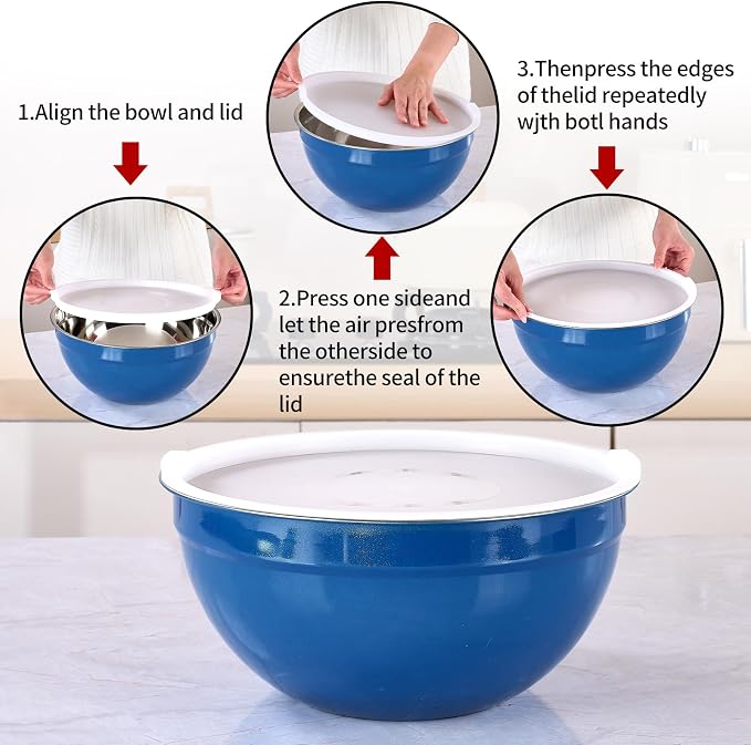 Blue Mixing Bowls with Lids Set of 7, Stainless Steel Nesting Bowl with Khaki Lid for Non-slip Mixing Prepping Storing Serving, 7 Sizes-7/3.6/2.7/2.1/1.5/1/0.8 QT - Image 3