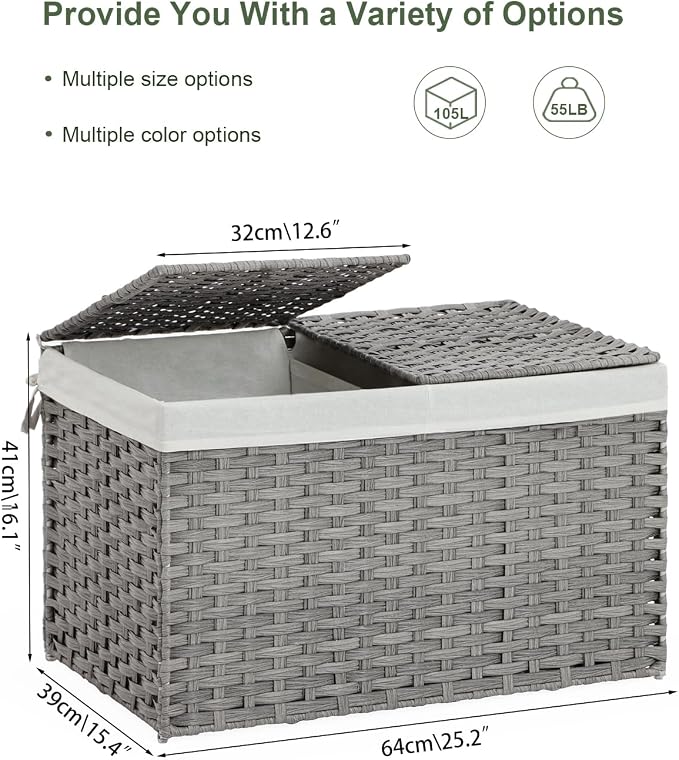 SETVSON Storage Basket with Lid PE Rattan 27.8 Gal Wicker Chest, Gray | 105L Woven Wicker Baskets with 2 Separate Lids, 2 Removable, washable linings, Sturdy Iron Frame, 25.2 x 15.4 x 16.1 Inches - Image 4