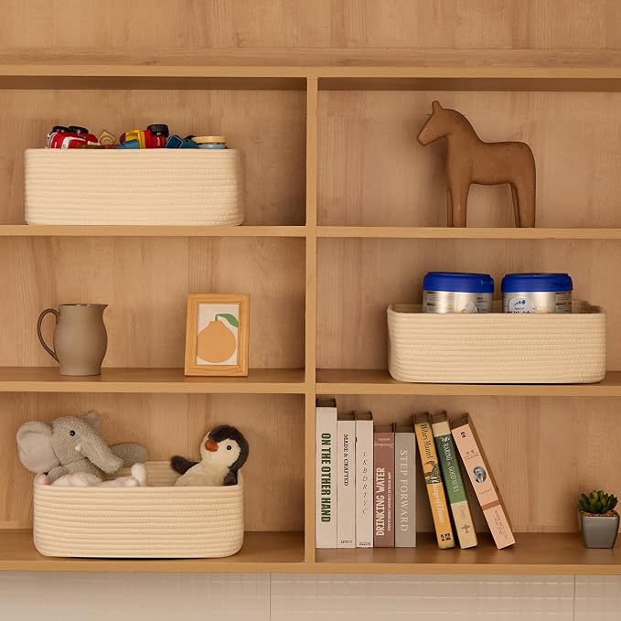 MiniArk Large Shallow Organizing Baskets 15x11x5.1 Inches - Rope Woven Storage Bins for Bathroom, Shelves, Cube Closet, Beige 2 Packs - Image 3