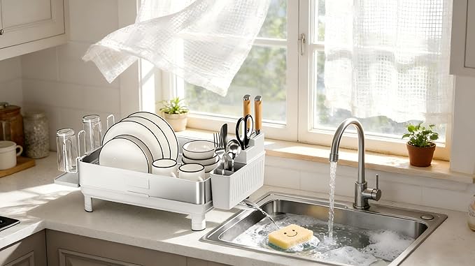 Dish Drying Rack, 304 Stainless Steel Dish Racks for Kitchen Counter | Dish Drainers with Automatic Drainage, Utensil Holder & Cups Holder, Space Saving Kitchen Organizer, White - Image 9