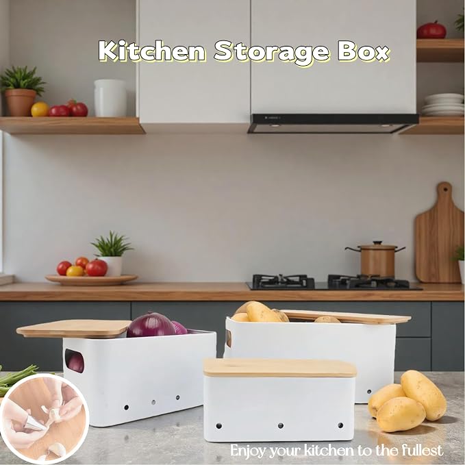 Modern kitchen storage container, stacked metal storage box, 3-piece set with wooden lid design, onion, garlic, potato metal cans, breathable storage box (White) - Image 3