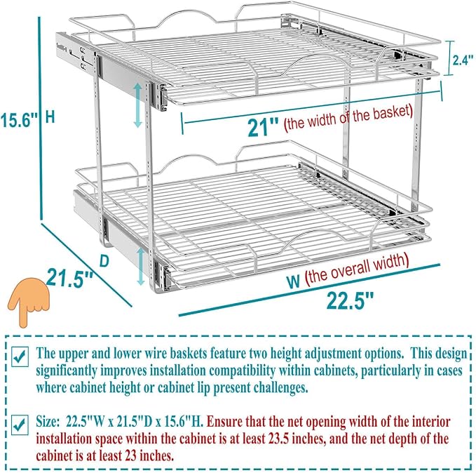 OCG 2 Tier Pull Out Cabinet Organizer (22.5" W x 21.5" D), Pull Out Drawers for Kitchen Cabinets, Pull Out Shelves for Base Cabinet Organization in Kitchen Bathroom Pantry, Chrome Finish - Image 2