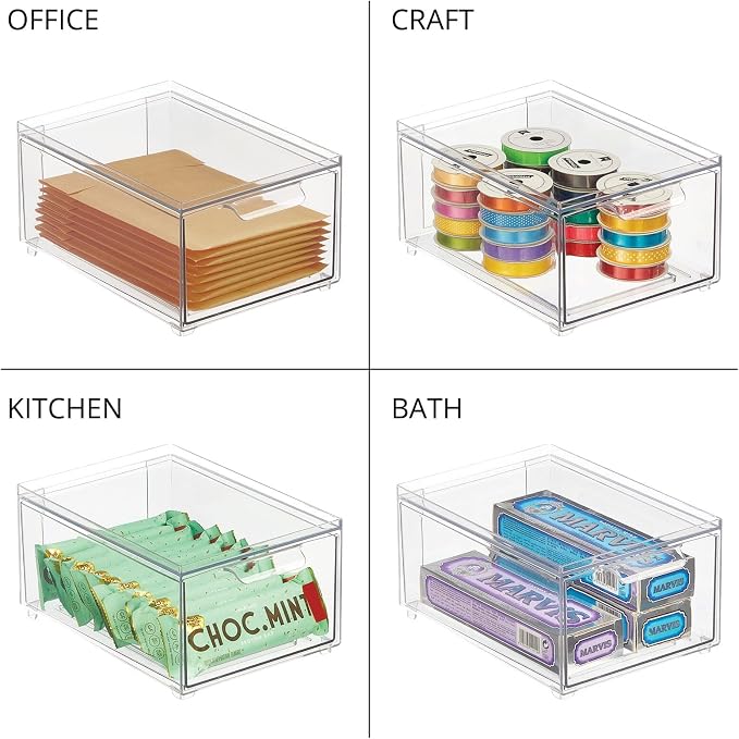 mDesign Stackable Storage Containers Box with 2 Pull-Out Drawers - Stacking Plastic Drawer Bins for Closet Organization, Linen, Coat, Bedroom or Entryway Closets - Lumiere Collection - 2 Pack - Clear - Image 7