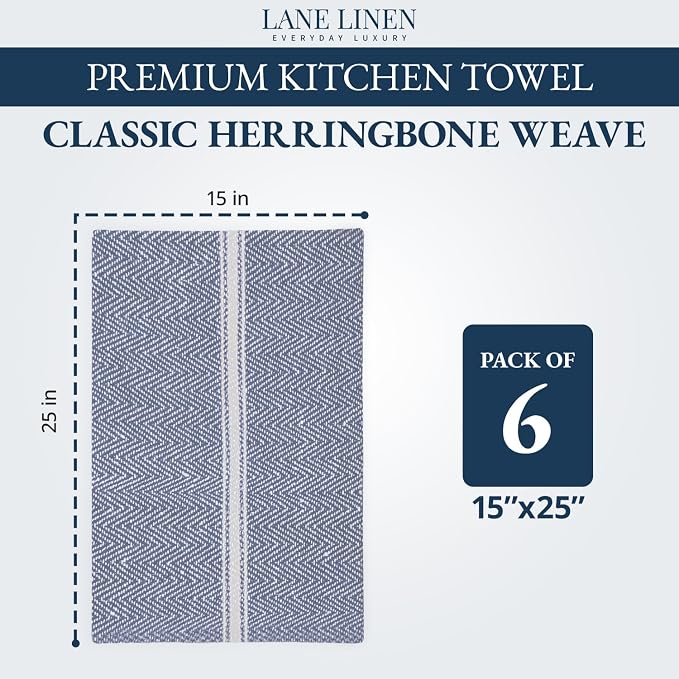 Lane Linen Kitchen Towel Set, 6 Pack 100% Cotton Hand Towels for Kitchen, Dish Towels for Drying Dishes, Lint Free, 14"x25", Good for Cleaning Windows, Ceramic Surface, Glass Stovetops - Blue Chambray - Image 2