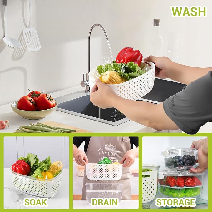 LUXEAR Fresh Produce Vegetable Fruit Storage Containers 3Piece Set, BPA-free, Partitioned Salad Container, Fridge Organizers, Used in Storing Fruits Vegetables, White - Image 4
