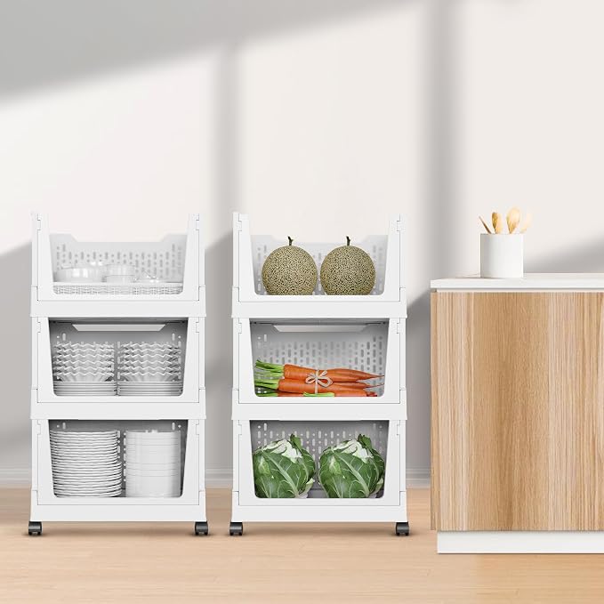 Stackable Storage Bins, Folding Collapsible Closet Organizers and Storage Bins Box, Plastic Shelves Drawer Organizer Container for Closet Office Bedroom Kitchen Bathroom with Wheels, White, 3 Pack - Image 7