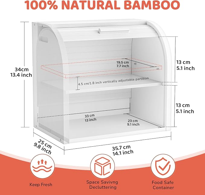 G.a HOMEFAVOR 2-Tier Bamboo Bread Box for Kitchen Counter, White | Large Roll Top Bread Storage Container, Bread Holder Food Bin for Countertop, Self-Assembly - Image 2
