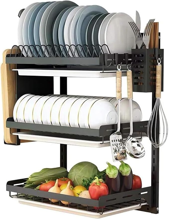 3 Tier Black Stainless Steel Dish Drying Rack Fruit Vegetable Storage Basket with Drainboard and Hanging Chopsticks Cage Knife Holder Wall Mounted Kitchen Supplies Shelf Utensils Organizer by Ctystallove