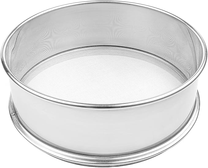 Vollum Stainless Steel Flour Sifter Fine Mesh Sieve 16.5" Round | 30-mesh baking sieve with 0.6mm holes; 2.88" deep pan fits standard prep stations and commercial kitchens. by Vollum