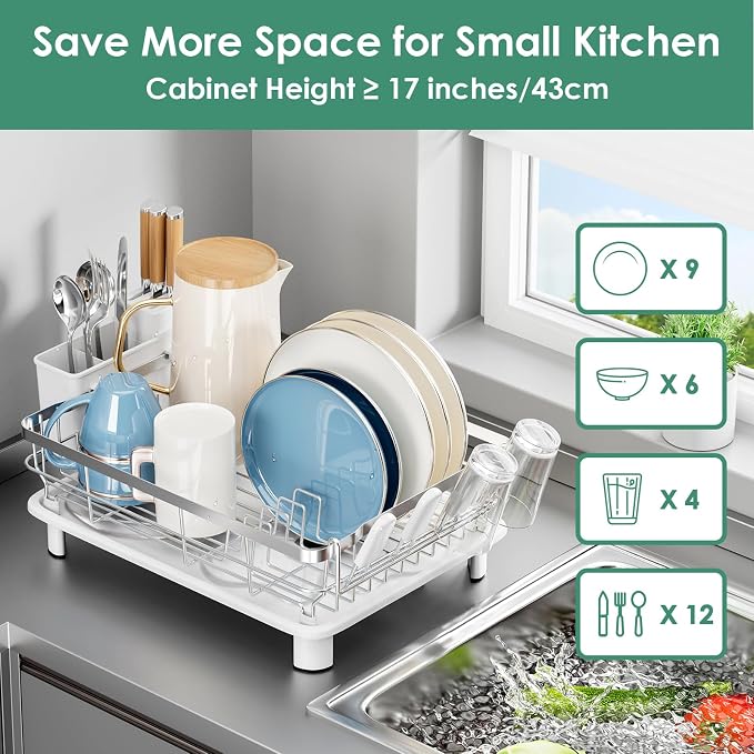 MOUKABAL Stainless Steel Dish Drying Rack for Kitchen Counter, White Silver | 13×17 Large Capacity/Drainboard with Rotating Spout/Removable Cup & Utensil Holders/Fast Drainage/Countertop Dish Drainer - Image 4