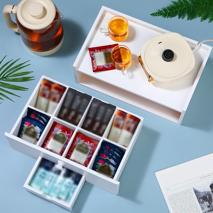 Cinnvoice Tea Bag Organizer Wood Tea Organizer Storage Box 8 Compartments Container Holder with Lid to Storage and Keep Fresh(White) - Image 2