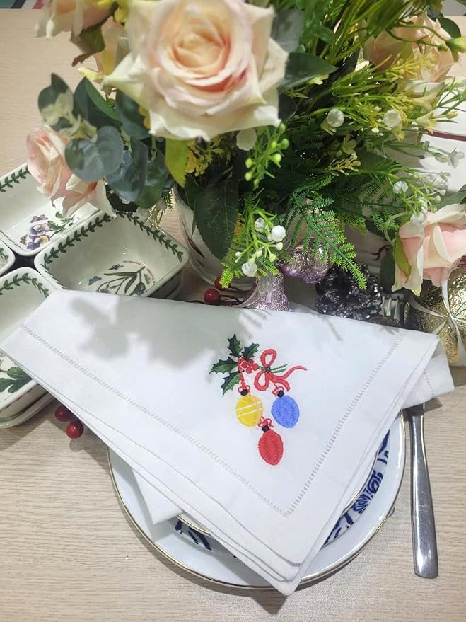 – Embroidered Cloth Napkin Balloons & Holly Christmas Cotton Napkins Set of 6, 20 x 20”, Hemstitch Table Napkins, Machine Washable, Daily & Holidays, Great Gift Ideas - Image 3