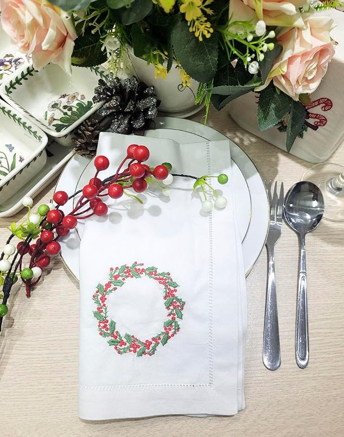 Embroidered Cotton Napkins Christmas 20x20 (Holly & Red Berries Wreath) - Image 4