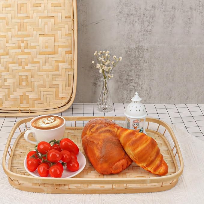4 Pack Rectangular Bamboo Wicker Woven Tray with Handle, Bamboo Wicker Serving Trays for Eating, Kitchen, Table, Party - Image 4