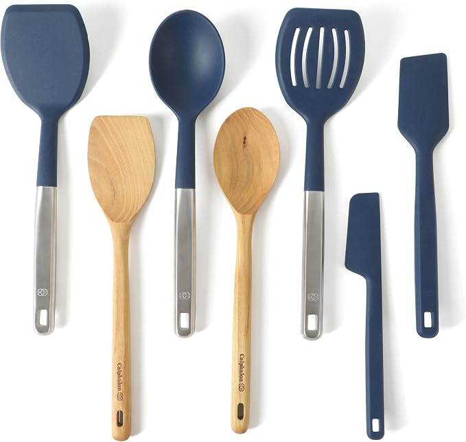 Calphalon Prime 7-Piece Silicone and Teak Wood Kitchen Tool Set, Stainless Steel Kitchen Utensil Set, Kitchen Spoon And Spatula Set, Heat Resistant Non-Slip Kitchen Gadgets Set - Navy Blue by Unknown