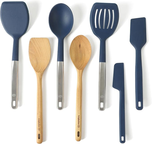 Calphalon Prime 7-Piece Silicone and Teak Wood Kitchen Tool Set, Stainless Steel Kitchen Utensil Set, Kitchen Spoon And Spatula Set, Heat Resistant Non-Slip Kitchen Gadgets Set - Navy Blue by Unknown