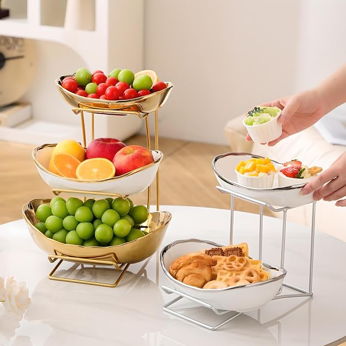 Gold Silver Fruit Bowl with Metal Stand, 3 Tier Ceramic White Fruit Bowl Fruit Rack for Kitchen Counter, Tiered Fruit Basket for Snacks Bread Candy Storage (Silver (Smooth Surface)) - Image 4