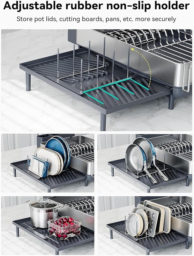 Large Dish Drying Rack, Expandable Dish Racks for Kitchen Counter, Space Saving 304 Stainless Steel Drying Rack Kitchen, Extra Large Drainer with Multifunctional Flip Up Pegs, Gray - Image 3