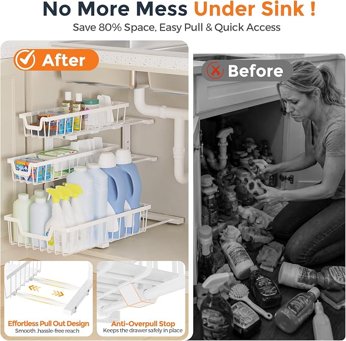 Under Sink Organizer, 2-Pack 3-Tier Height Adjustable Thickened Metal Pull out Cabinet Organizer Shelf, Slide out Storage Drawer Rack for Bathroom Kitchen Pantry Home Laundry Organization (White) - Image 2