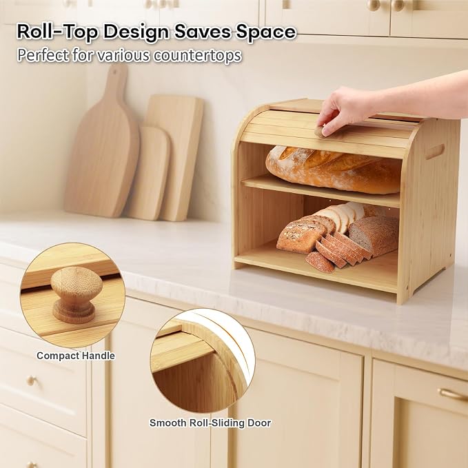 Bread Box for Kitchen Countertop, Double Layer Bamboo Bread Storage Container for Homemade Bread, Roll Top Bread Box with 3 Adjustable Height for Kitchen Counter, Natural Breadbox Organizer | 3 Adjustable Height, Large Capacity, Bamboo Bread Storage Co... - Image 5