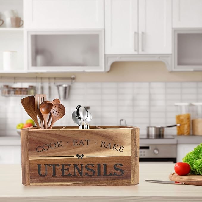Utensil Holder for Kitchen Countertop - Extra Large 3 Compartment Wooden Organizer in Acacia Wood, Storage for Cooking Tools and Cutlery, Farmhouse Style for Home Cooking - Image 7