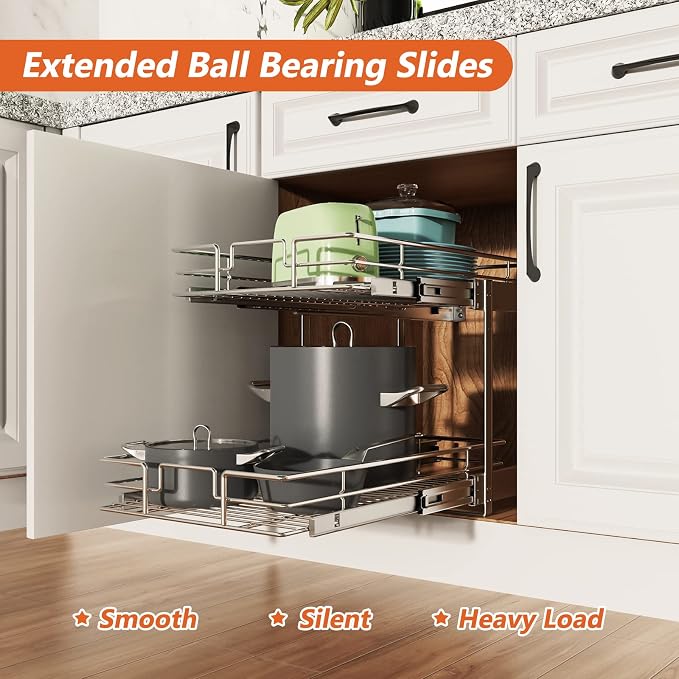 ROOMTEC Individual Pull Out Cabinet Organizer (14"W x 18"D), 2 Tier Spice Rack Organizer for Cabinet, Slide Out Drawer Pantry Shelf Organization and Storage for Kitchen Bathroom - Image 2