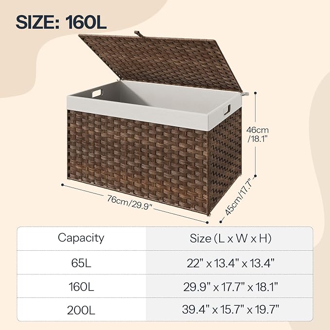 HOOBRO Storage Basket with Lid, 42.3 Gallon (160L) Wicker Basket, Handwoven Blanket Storage Basket with Handles, Metal Frame and Soft Lining, Foldable for Bedroom, Laundry Room, Brown BR216CW01 - Image 3