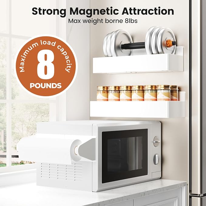 Magnetic Spice Rack for Refrigerator,8 Pack Magnetic Shelf,Fridge Magnet Organizer with Paper Towel Holder,Utensils Racks,Hook Rack,Deepened Basket,Fridge Organizers and Storage White(8 Pack) - Image 5