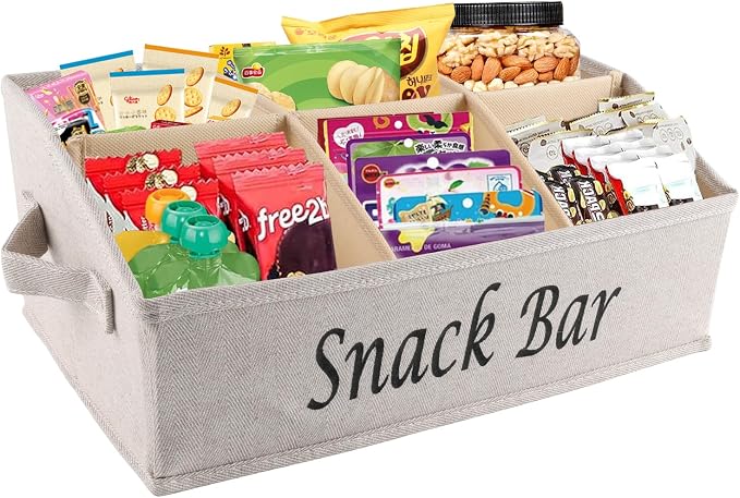 Snack Organizer for Countertop, Fabric Snack Organizer with Handles, 6 Compartment Snack Box Container Snack Basket, Snack Bar Station, Kitchen Pantry Organization and Storage - Khaki by Xbopetda