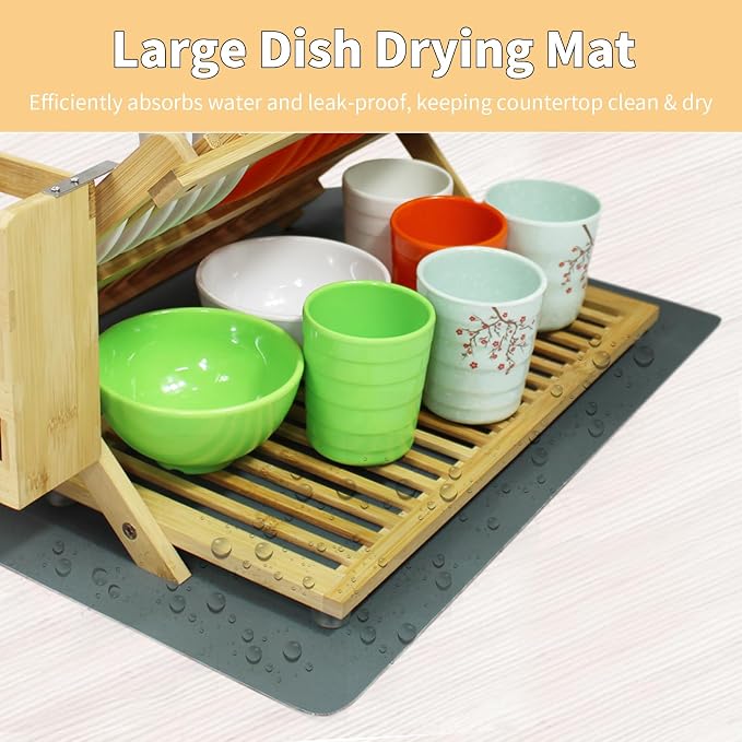 YZHDUXIU Bamboo Dish Drying Rack with Utensil Holder, 3 Tier Collapsible Dish Rack, Large Dish Racks for Kitchen Counter, Wooden Folding Dish Drainer with Dish Drying Mat (3 Tier (with Drying Mat)) - Image 5