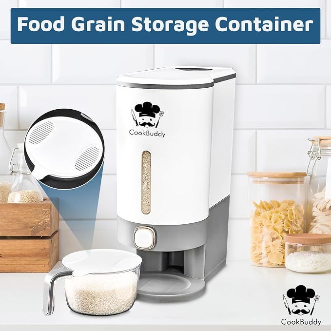 CookBuddy Rice Dispenser - 25 lb Airtight Rice Storage Container - Grain Dispenser - Image 4