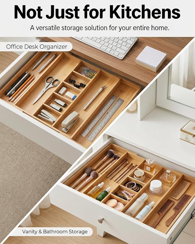 Expandable Bamboo Silverware Drawer Organizer – Adjustable 29" Wide Wooden Utensil Tray with 9-Compartments, Large Kitchen Flatware & Spoon Holder, Natural Solid Wood for Drawers - Image 6