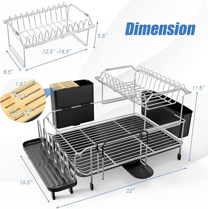 Giantex Dish Drying Rack, 2-Tier Dish Rack with Drainboard and Adjustable Swivel Spout, Large Dish Drainer with Cutting Board Holder, Utensil Holder, Knife Holder and Cup Holder for Kitchen Counter - Image 6