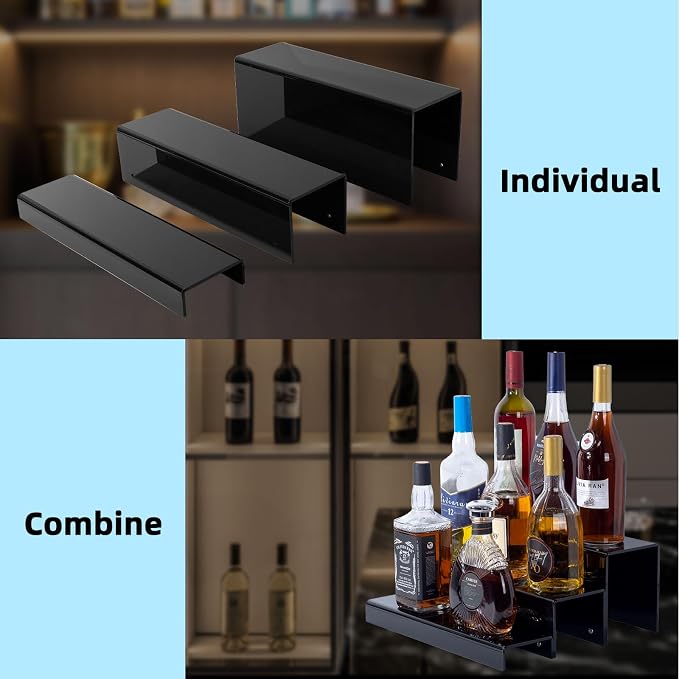 JUESHA 2 Pack Tiers Bar Shelves for Liquor Bottles, 15" Clear Acrylic Risers Display Racks Stands for Figures Pops Cupcake Perfume Collections (Black) - Image 3