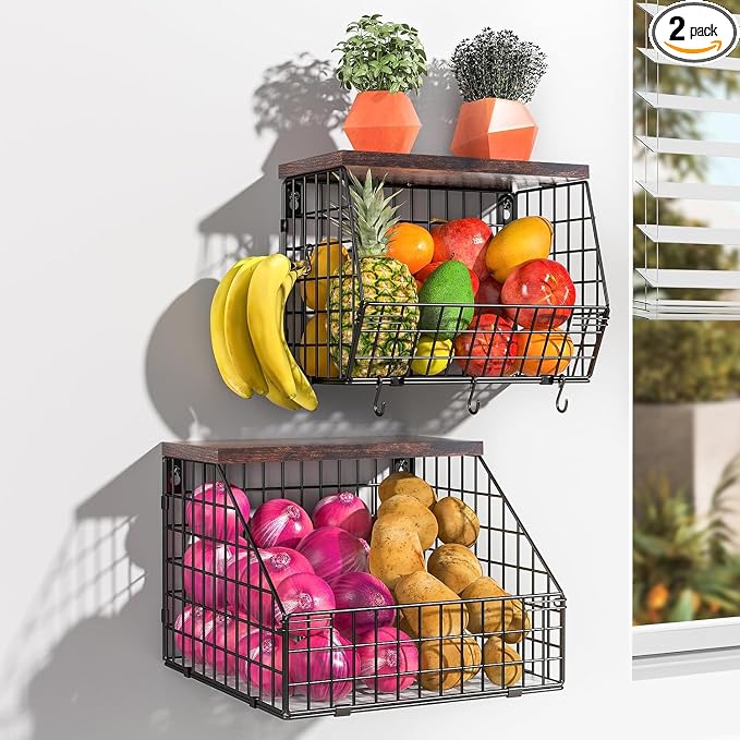 Fruit and Vegetable storage, 2 Set Wall Mounted Wire Baskets, Fruit Basket for Kitchen Counter, Hanging Fruit Basket, Potato Onion Basket, Wire Basket for Organizing, Countertop Organization Pantry by Wawocs
