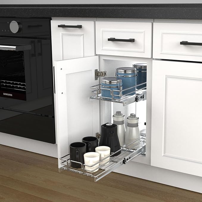 2 Tier Pull Out Cabinet Organizer, 9" W x 21" D Heavy-Duty Metal Sliding Drawer Shelf for Kitchen Cabinets, Chrome, Doesn't Include Door Fittings - Image 6