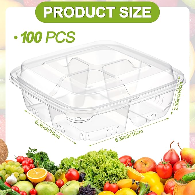100 Pack 4-compartment Bento Snack Boxes with Lids Divided Lunch Containers for Travel School Camping Outdoor Home (Clear) - Image 2