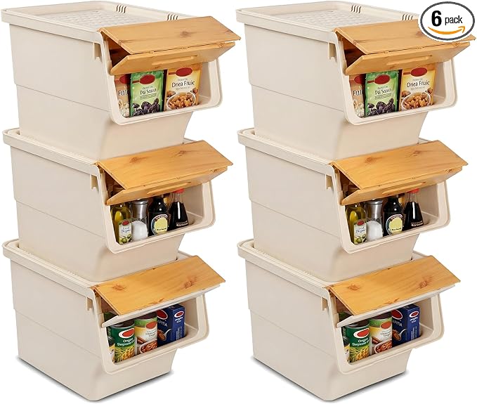 GIANTEX 6 Pack Plastic Stackable Storage Bins with Lids & Wheels, 35 QT | Open Front Stacking Bins, Organizer Bins for Pantry, Kitchen, Laundry, Closet, Playroom, Bedroom Organization by Giantex