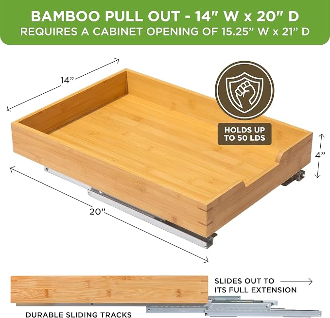 HOLDN’ STORAGE Bamboo Wooden Pull Out Cabinet Organizer 14" W x 21" D | Bamboo Tray and Heavy Gauge Metal Rails, W/Lifetime Limited Warranty, Fits 15.25"W x 21"D Cabinets - Image 3