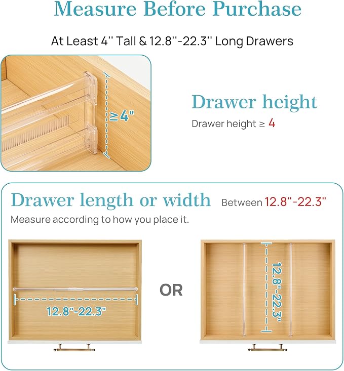 Vtopmart 8 Pack 4" Regular Upgrade Drawer Dividers for Clothes, 12.8"-22.3" Expandable Dresser Drawer Organizer, Clear Plastic Separators for Dresser, Baby Clothing, Underwear, Cosmetic, Toiletries - Image 2
