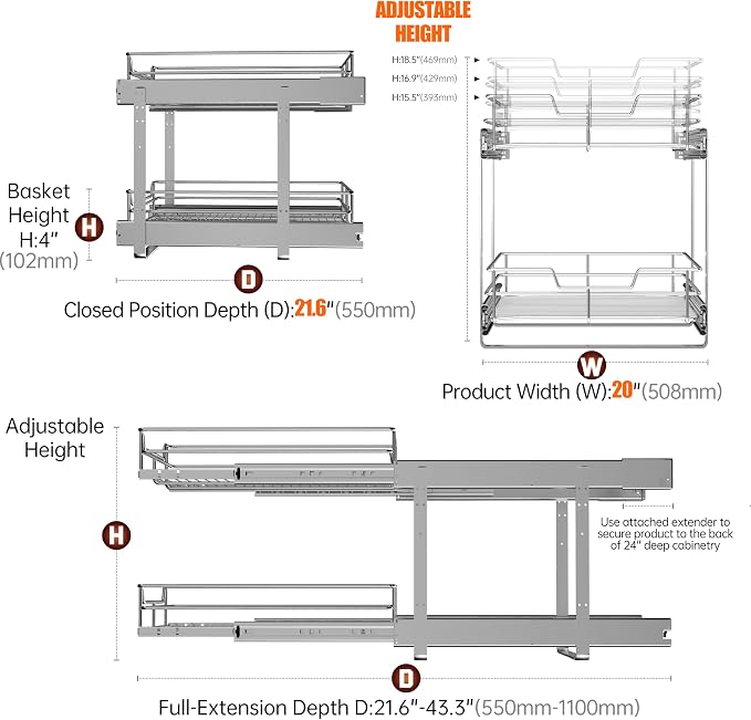 2-Tier Cabinet Pull Out Shelves, 20" W x 22" D, Chrome | Heavy-Gauge Wire Kitchen Cabinet Organizer, 100 lbs Capacity, Ball-Bearing Glides, Min 21" Opening, Pots & Pans Organizer - Image 5
