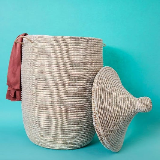 White Wicker Basket, Storage & Organization, Laundry Hamper, Toys Bin, Blanket Storage, Boho Decor, Woven, Round, Hooded Lid, Handles (Extra Large) by Senegalo