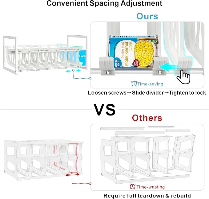 Can Organizer for Pantry - Auto-Rolling, Expands to Hold 60 Cans | White, Stackable, For Walk-in Pantry Shelves, Adjustable Width for Soda, Soup and Food Cans, Easy Access & Restocking - Image 7