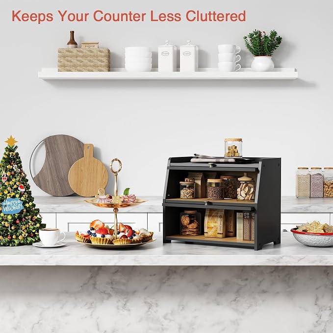 Goozii Large Bread Box for Kitchen Countertop, Black Bread Storage Container for Homemade Bread, Double Layer Farmhouse Breadbox Organizer for Kitchen Counter Cabinet, Pantry, Cupboard (Black) - Image 3