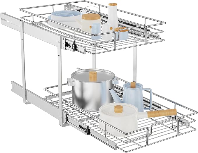 LOVMOR Individual Pull Out Cabinet Organizer, 2 Tier Slide Out Cabinet Drawers, Pots and Pans Organizer and Storage Pantry Shelf for Kitchen (14½" W x 21½" D) by LOVMOR