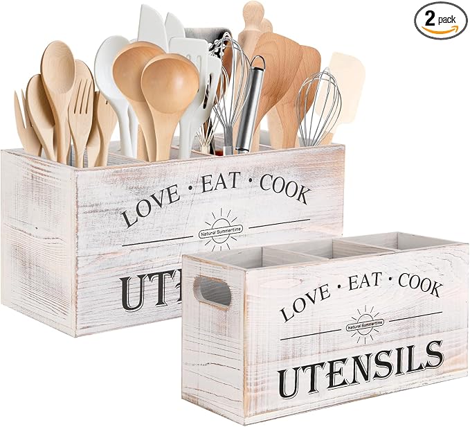 2 PC Wooden Utensil Holder,（With 4-Compartments size*1 + 3-Compartments size*1） Extra Large Kitchen Counter,Cooking Spatula Organizer,Farmhouse Decor, Rustic Cooking Utensil by Unknown