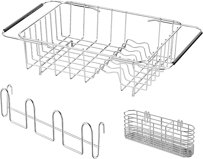 NiuYichee Stainless Steel Dish Drying Rack(15" L X 11" W X 4.1" H), Expandable Drain Rack Over Sink, Dish Drainer Rack in Sink, with Stainless Steel Utensil Holder & 4 Hooks Cup Hanger by NiuYichee
