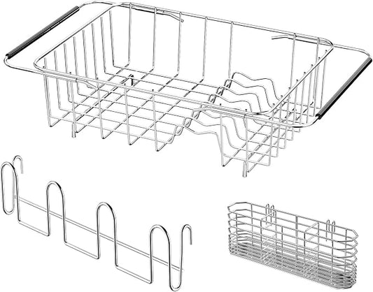 NiuYichee Stainless Steel Dish Drying Rack(15" L X 11" W X 4.1" H), Expandable Drain Rack Over Sink, Dish Drainer Rack in Sink, with Stainless Steel Utensil Holder & 4 Hooks Cup Hanger by NiuYichee