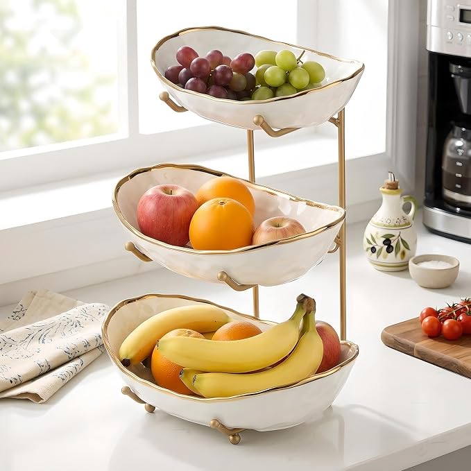 YYW 3 Tier Fruit Bowl for Kitchen Counter, White Ceramic Fruit Basket for Countertop, Home Fruit Stand with Metal Holder, Vegetable Bowl Snacks Nuts Bread Candy Storage (Gold 3-layer) - Image 2